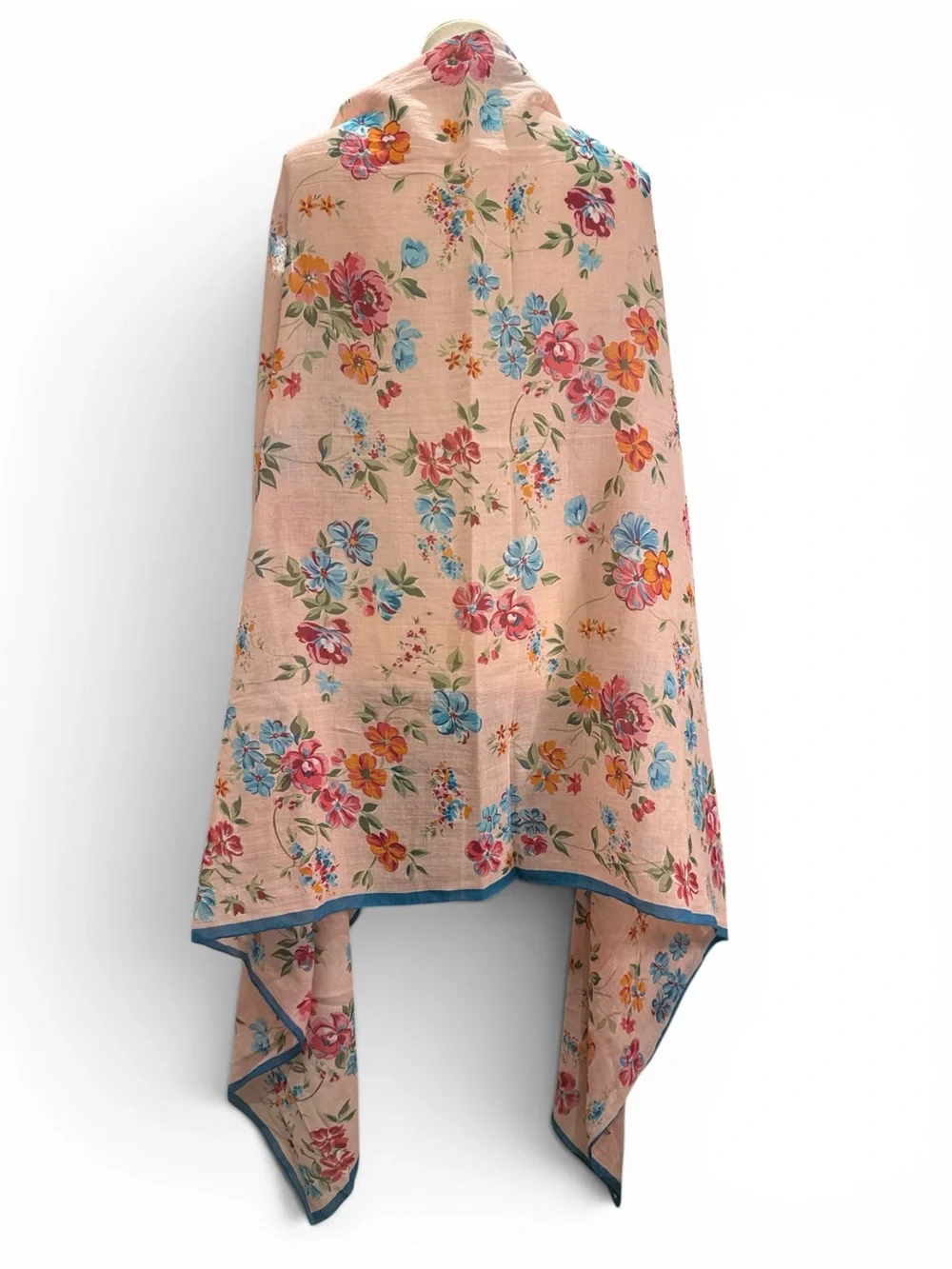 Floral Pink Lightweight Scarf with Blue Trim #456